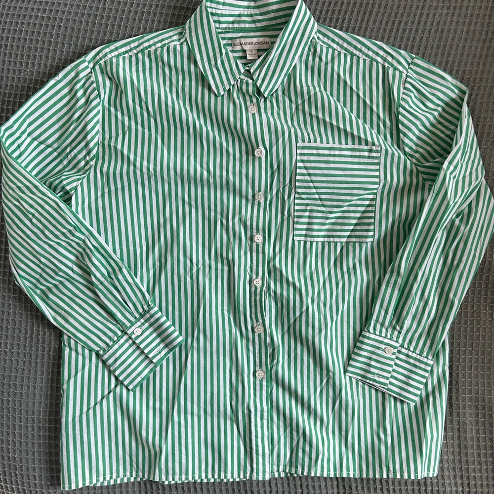 Women’s Alexander James Green and White Striped Button-Up Shirt